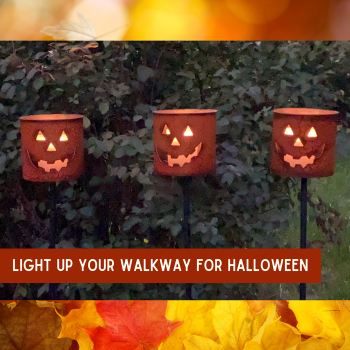 Decorative Outdoor Halloween Pumpkin Candle Holder Stakes (Set of 3) Painted Metal 24" Tall