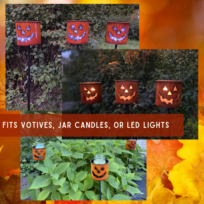 Decorative Outdoor Halloween Pumpkin Candle Holder Stakes (Set of 3) Painted Metal 24" Tall