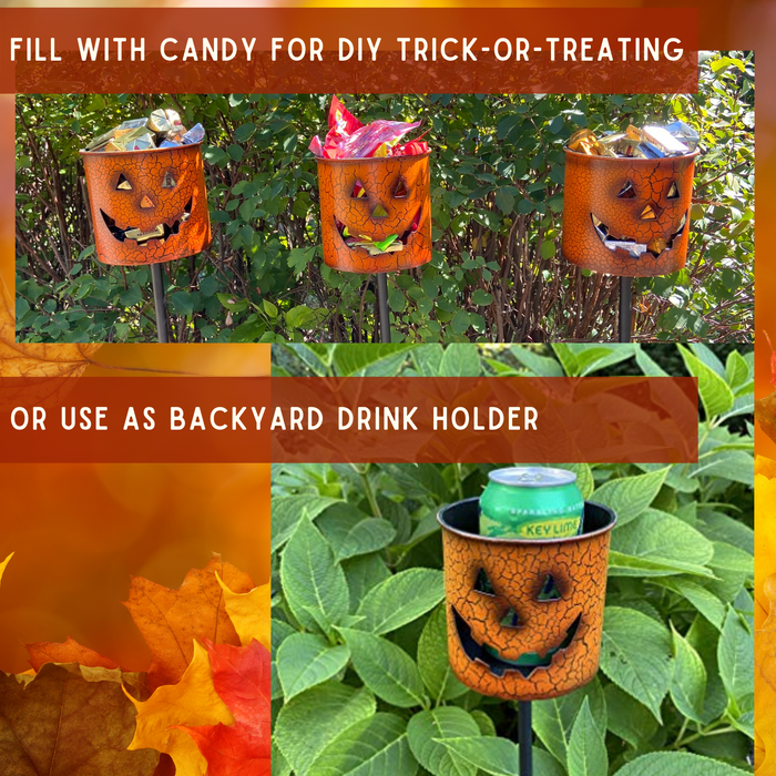 Decorative Outdoor Halloween Pumpkin Candle Holder Stakes (Set of 3) Painted Metal 24" Tall