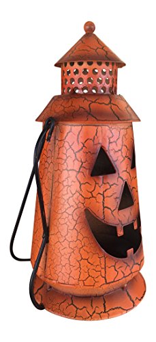 Halloween Pumpkin Rustic Small Lantern with Handle - Metal Jack O Lantern Fall Decoration, Standing or Hanging, Holds Pillar Candle - Indoor, Outdoor