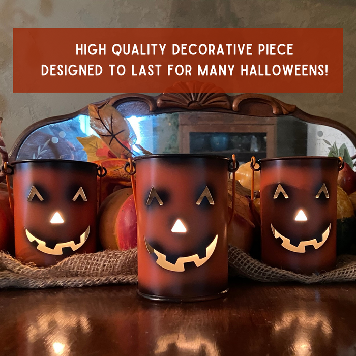 Halloween Pumpkin Metal 4.25” Tealight Candle Holders (Set of 3) | Indoor/Outdoor, Use as Tabletop Centerpiece or Hanging Decor