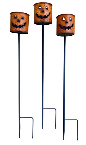Decorative Outdoor Halloween Pumpkin Candle Holder Stakes (Set of 3) Painted Metal 24" Tall