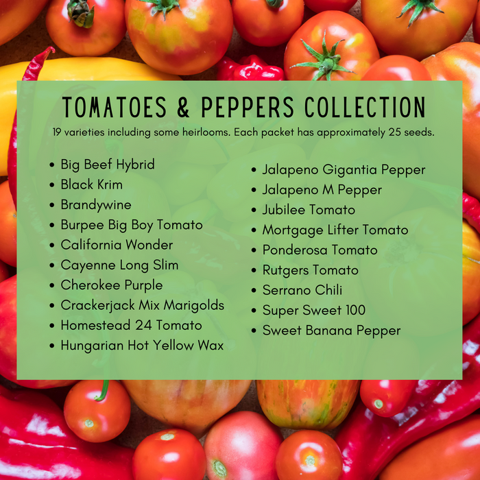 Tomatoes & Peppers Seeds Kit | 19 Varieties, 500+ Seeds, Non-GMO, Resealable Waterproof Bag