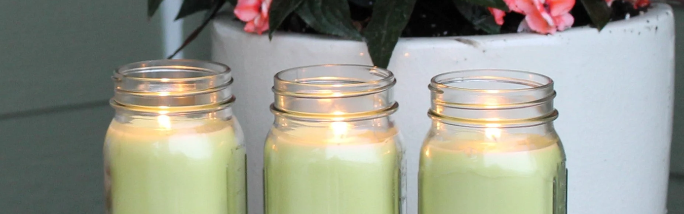 Lit lemongrass candles in mason jars beside potted impatiens on a summer porch