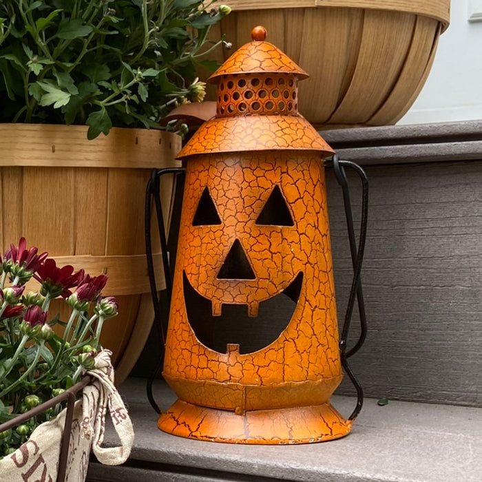 Halloween Pumpkin Rustic Small Lantern with Handle - Metal Jack O Lantern Fall Decoration, Standing or Hanging, Holds Pillar Candle - Indoor, Outdoor