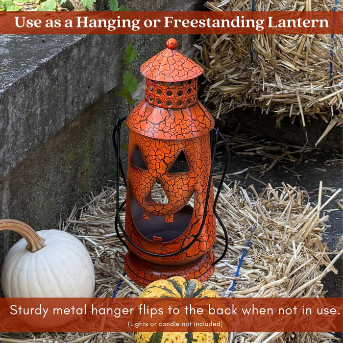 Halloween Pumpkin Rustic Small Lantern with Handle - Metal Jack O Lantern Fall Decoration, Standing or Hanging, Holds Pillar Candle - Indoor, Outdoor