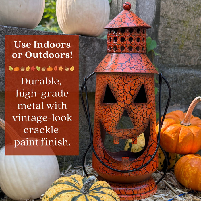Halloween Pumpkin Rustic Small Lantern with Handle - Metal Jack O Lantern Fall Decoration, Standing or Hanging, Holds Pillar Candle - Indoor, Outdoor