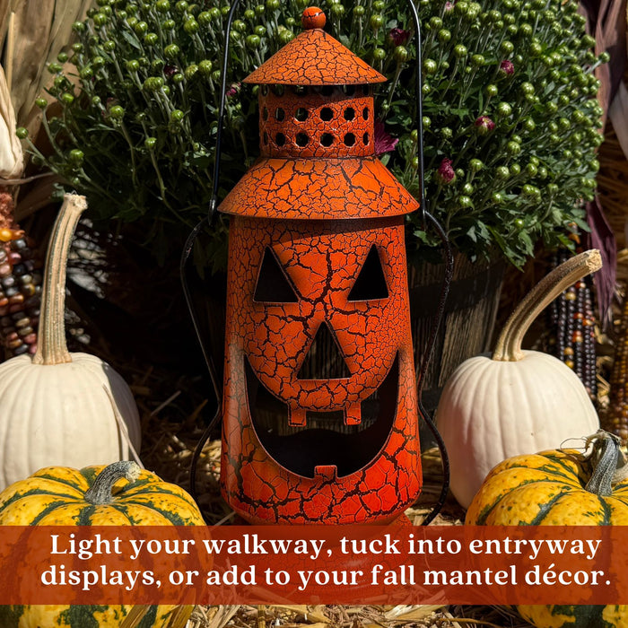 Halloween Pumpkin Rustic Small Lantern with Handle - Metal Jack O Lantern Fall Decoration, Standing or Hanging, Holds Pillar Candle - Indoor, Outdoor