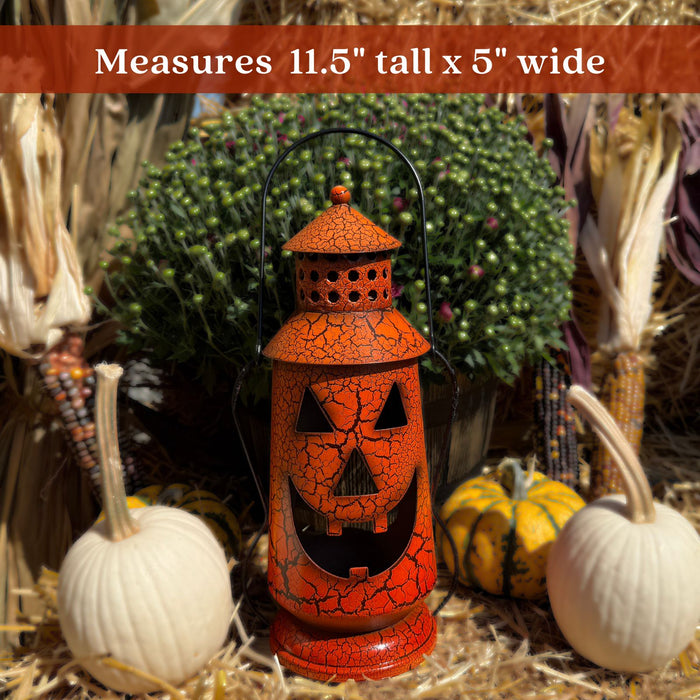 Halloween Pumpkin Rustic Small Lantern with Handle - Metal Jack O Lantern Fall Decoration, Standing or Hanging, Holds Pillar Candle - Indoor, Outdoor