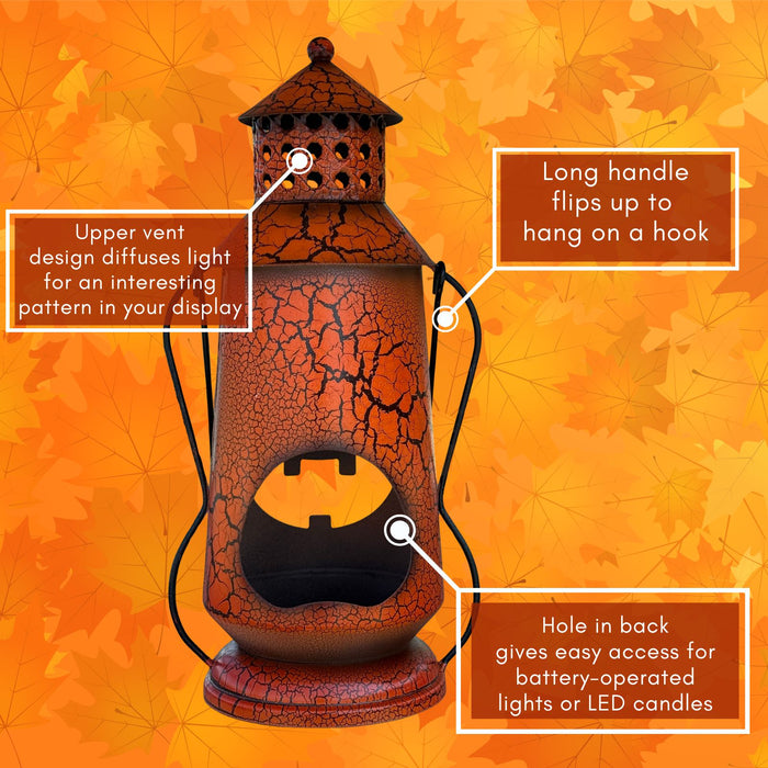 Halloween Pumpkin Rustic Small Lantern with Handle - Metal Jack O Lantern Fall Decoration, Standing or Hanging, Holds Pillar Candle - Indoor, Outdoor