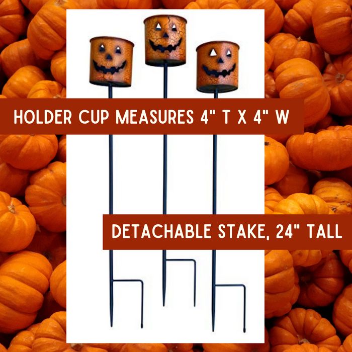 Decorative Outdoor Halloween Pumpkin Candle Holder Stakes (Set of 3) Painted Metal 24" Tall