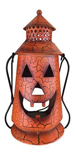 Halloween Pumpkin Rustic Small Lantern with Handle - Metal Jack O Lantern Fall Decoration, Standing or Hanging, Holds Pillar Candle - Indoor, Outdoor