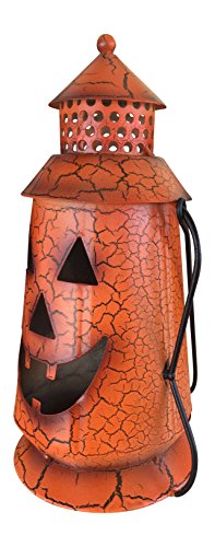 Halloween Pumpkin Rustic Small Lantern with Handle - Metal Jack O Lantern Fall Decoration, Standing or Hanging, Holds Pillar Candle - Indoor, Outdoor