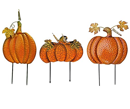 Fall Outdoor Pumpkin Decorations | Set of 3 | Metal, Painted Stakes, Rustic Farmhouse Look