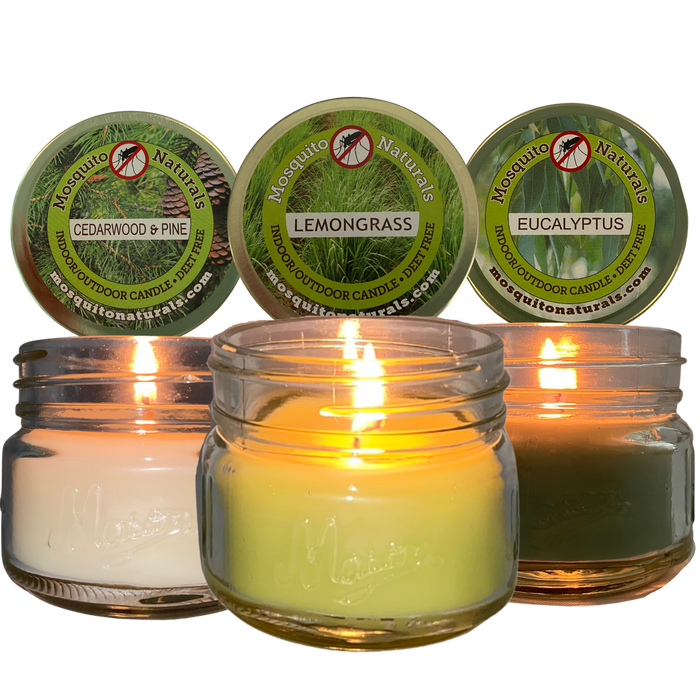 Mosquito Repellent Candle Natural Spa | 3 Oz., Set of 3 Multi-Scent | Soy-Base, Cedarwood & Pine, Eucalyptus, Lemongrass | Made in USA