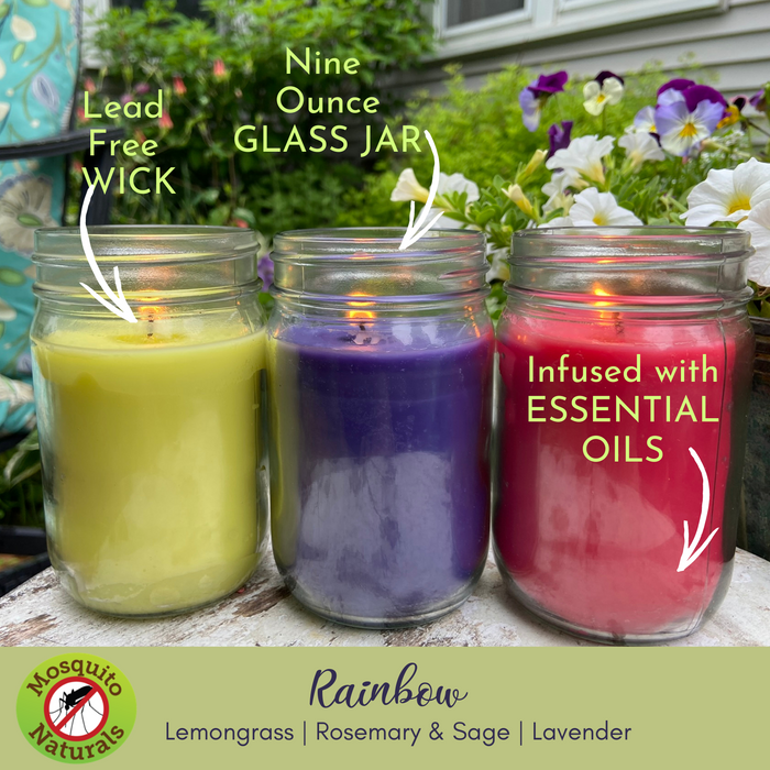 Mosquito Repellent Candle Natural Rainbow | 9 Oz, Set of 3 Multi-Scent | Soy-Base, Lavender, Lemongrass, Rosemary | Made in USA