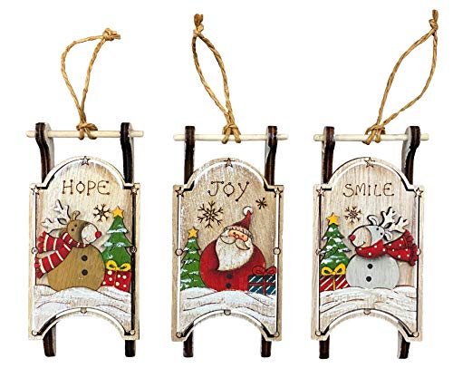 Christmas Sled Wooden Ornaments | Set of 3, Hand Painted | Santa Claus & Reindeer