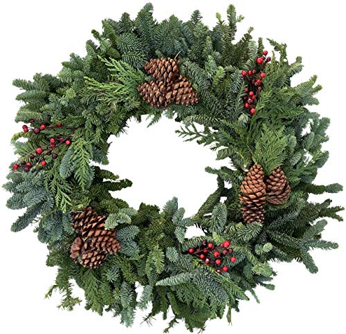 Live Fresh 30” Noble Fir Christmas Wreath | Cedar Boughs, Pinecones, Red Berries | Handcrafted, Free Shipping