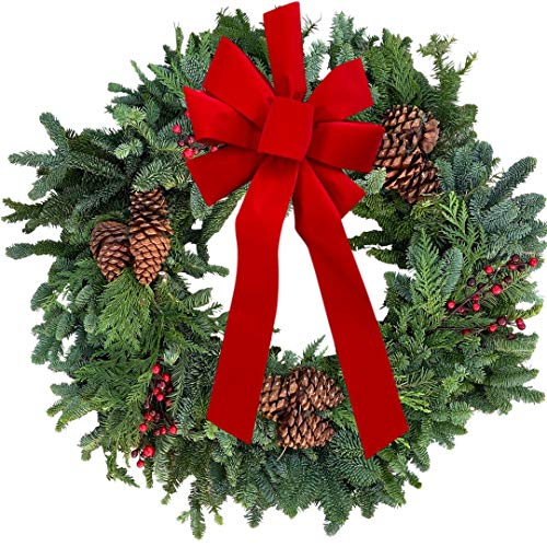 Live Fresh 30” Noble Fir Christmas Wreath | Cedar Boughs, Pinecones, Red Berries, Large Bow |  Handcrafted, Free Shipping