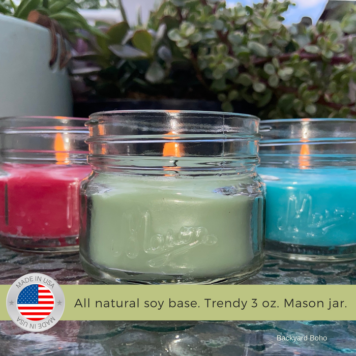 Mosquito Repellent Candle Natural Backyard Boho | 3 Oz. Each, Set of 3 Multi-Scent | Soy-Base, Rosemary & Sage, Fresh Mint, Eucalyptus | Made in USA