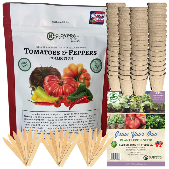 Tomatoes & Peppers Grow Kit | 500 Seeds, 19 Varieties + 60 Organic EcoPaper Seed Pots | Non-GMO, Resealable Bags, Peat-Alternative