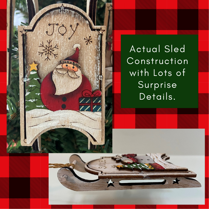 Christmas Sled Wooden Ornaments | Set of 3, Hand Painted | Santa Claus & Reindeer