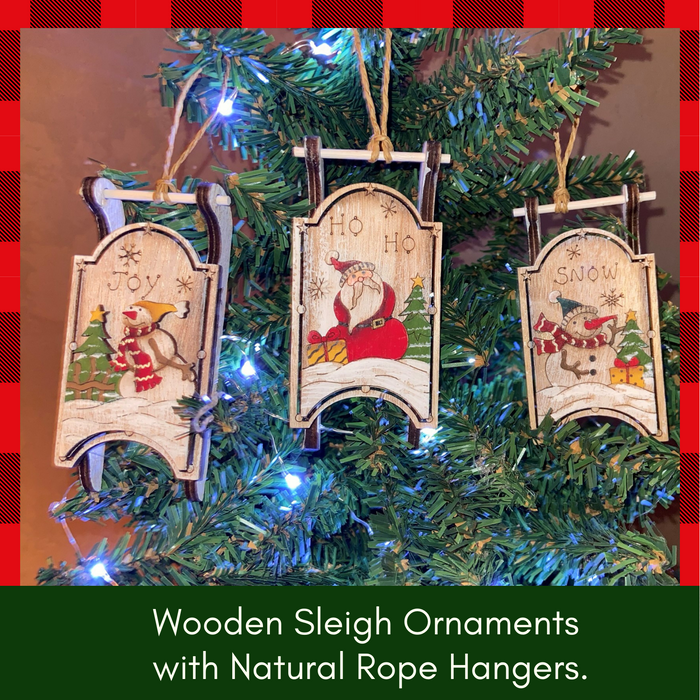 Christmas Sled Ornaments (Set of 3) Wooden Holiday Sleigh Tree Decorations - Hand Painted Farmhouse Christmas, Vintage Rustic Decorative Hanging