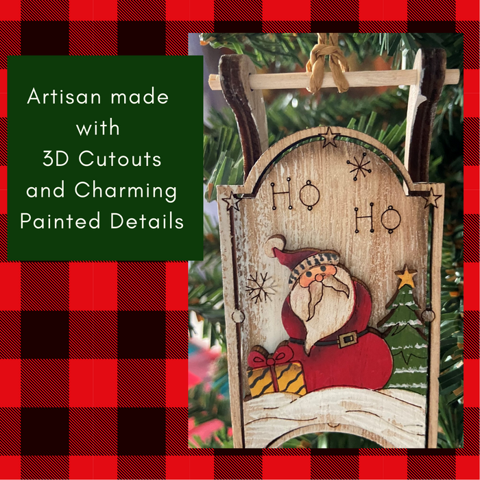 Christmas Sled Wooden Ornaments | Set of 3, Hand Painted | Santa Claus & Snowmen