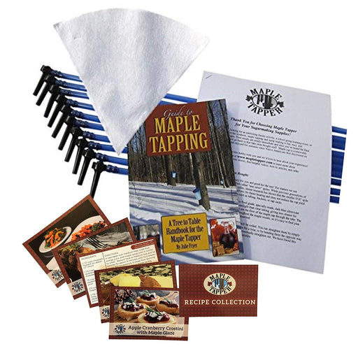 Maple Syrup Tree Tapping Kit – (10) Taps + (10) 3-Foot Drop Line Tubes + 1-Quart Sap Filter – Dark Blue Premium Food Grade Tubing - Recipe Cards, and 80 Page Illustrated Guide to Maple Tapping Book